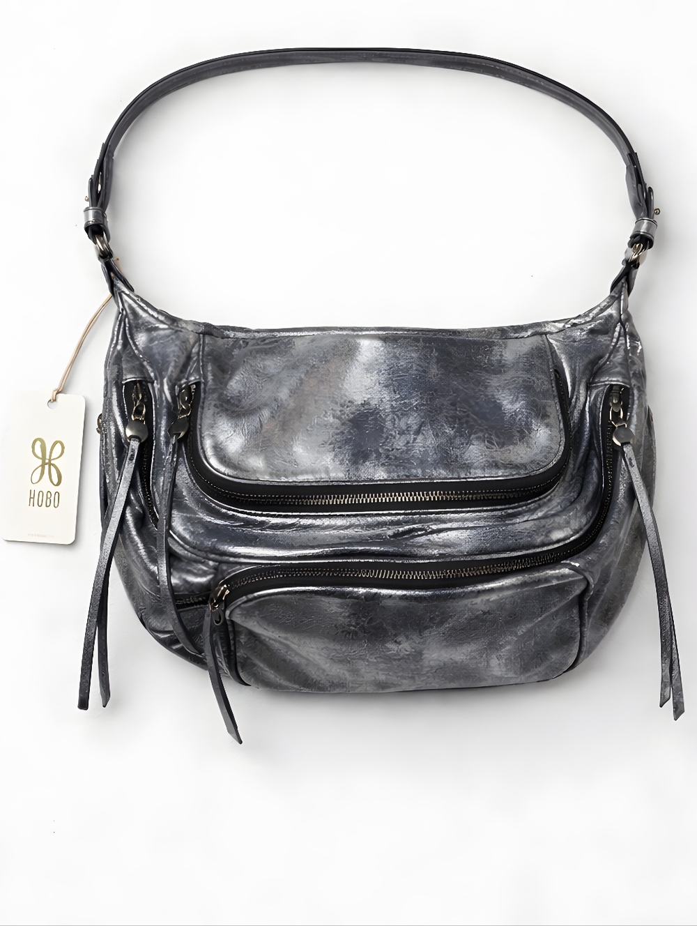 HOBO Metallic Gunmetal Silver Hobo Crossbody Bag Hobo Via Sling Bag Pewter Blue